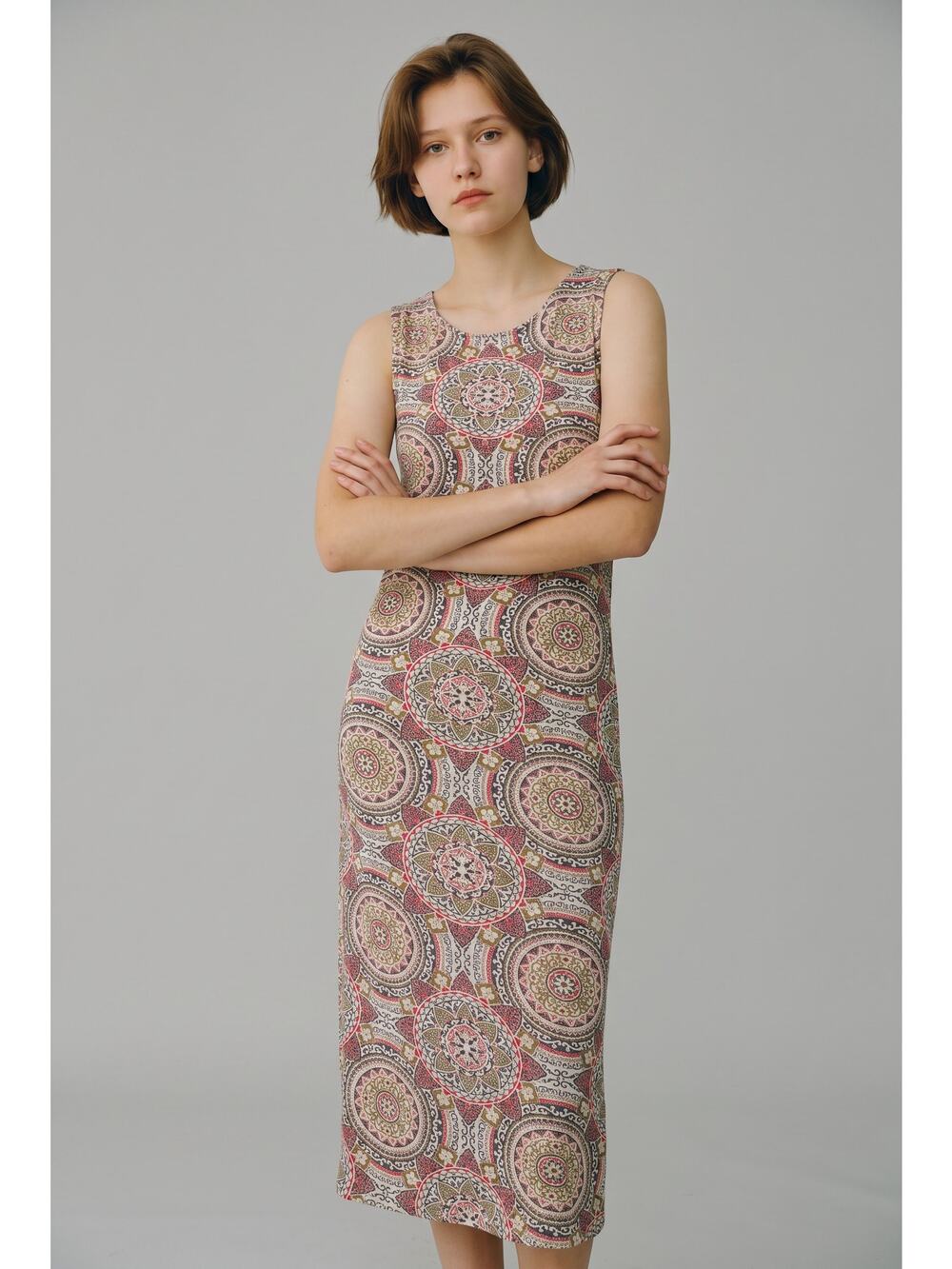 Free People Midi Sheath Dress Womens M Beige Mandala Paisley Design Sleeveless